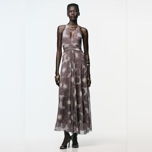 Floral Taupe Printed Cut Out Tulle Maxi Dress Halter Tie Neck Zara 5039/145/832